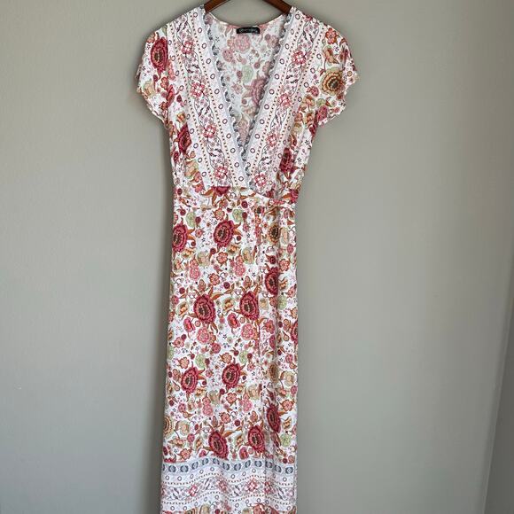PrettyGarden True Maxi Wrap Dress Boho Pink Floral Mixed Print Cottagecore - Picture 1 of 9